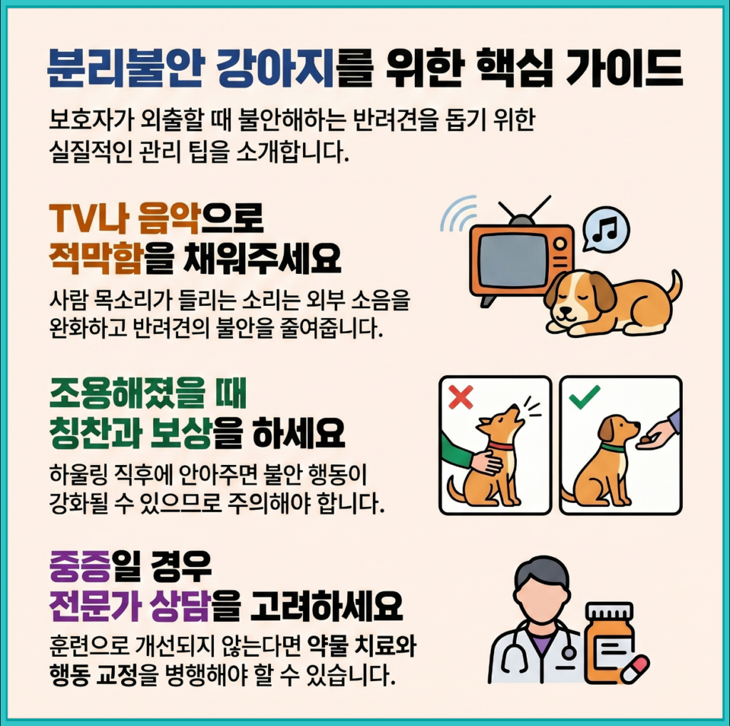 강아지 분리불안 FAQ 해결 방법 설명 이미지, TV 소리 안정 유도와 보상 훈련 및 전문가 상담 기준 안내
