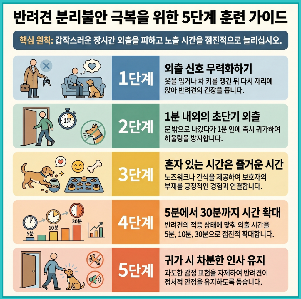 강아지 분리불안 훈련 5단계 방법 설명 이미지, 외출 신호 무력화부터 혼자 있는 시간 적응 훈련 과정