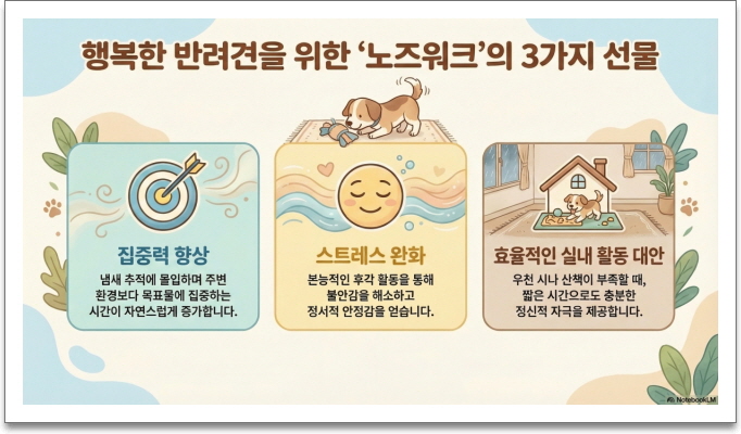 행복한 반려견을 위한 노즈워크의 3가지 효과를 설명하는 인포그래픽. 냄새 추적을 통한 집중력 향상, 후각 활동을 통한 스트레스 및 불안감 완화, 우천 시나 산책 부족 시 짧은 시간으로 정신적 자극을 주는 효율적인 실내 활동 대안임을 시각적으로 표현한 모습.