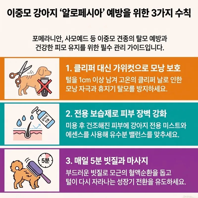 이중모 강아지 알로페시아 예방을 위한 3가지 수칙(클리퍼 대신 가위컷, 전용 보습제 사용, 매일 5분 빗질과 마사지) 인포그래픽