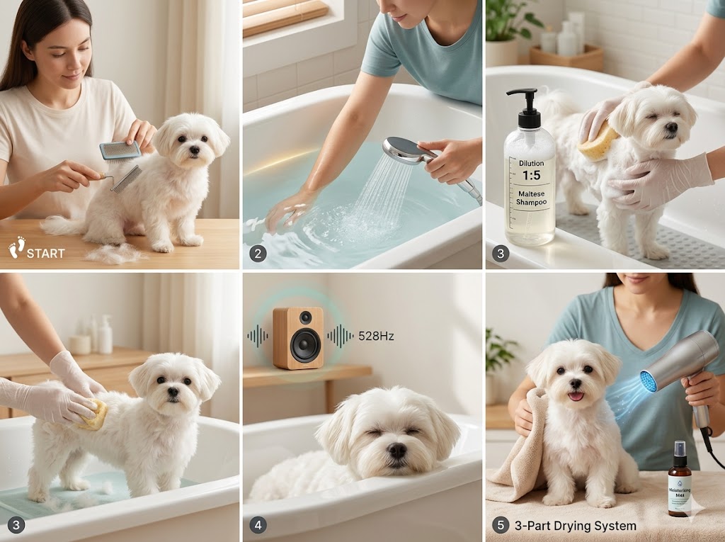 강아지 피부 건강을 지키는 5단계 목욕 로드맵을 시각화한 이미지. 따뜻한 욕실 배경에 목욕 전 빗질(STEP 1), 미온수 세정(STEP 2), 샴푸 희석 사용(STEP 3), 릴렉싱 음악 활용(STEP 4), 냉풍 건조 및 보습(STEP 5) 과정을 단계별로 알기 쉽게 그려냈다.