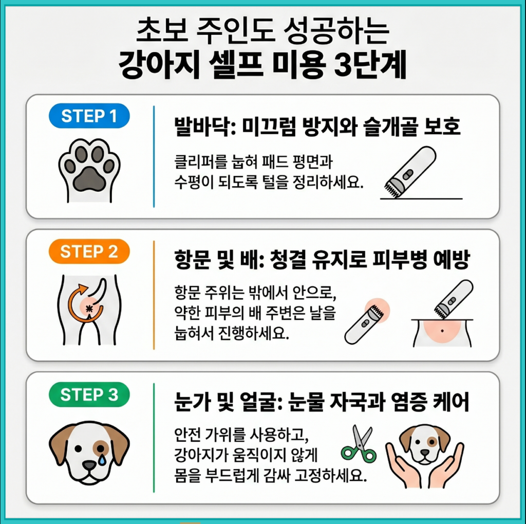 강아지 셀프 미용 3단계 방법 발바닥 항문 눈물 관리 가이드