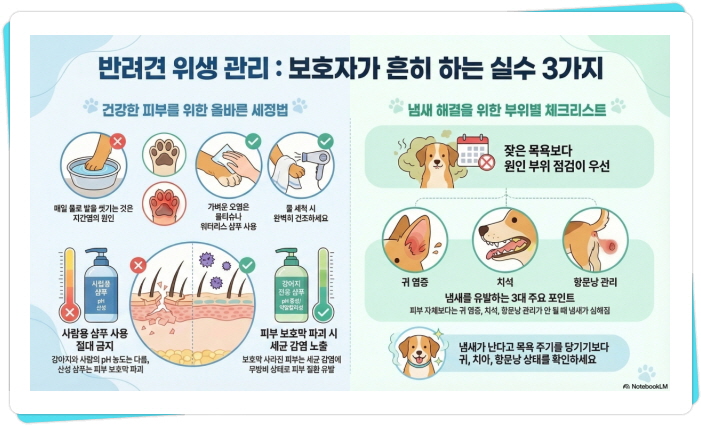 강아지 위생 관리 시 보호자가 흔히 하는 실수 3가지를 정리한 인포그래픽. 매일 물 발 세척 지양 및 올바른 건조법, 사람용 샴푸 사용 금지 및 산도(pH)에 맞는 전용 샴푸 사용, 잦은 목욕보다 냄새 원인 부위(귀 염증, 치석, 항문낭) 점검의 중요성을 시각적으로 설명하고 있는 모습.