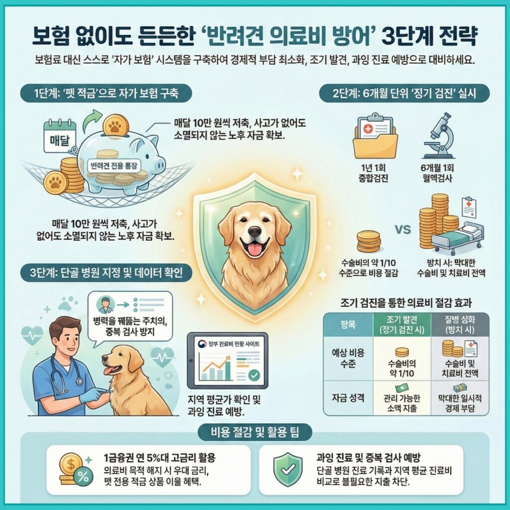 보험 없이도 든든한 반려견 의료비 방어 3단계 전략 인포그래픽 - 1단계 펫 적금, 2단계 6개월 단위 정기 검진, 3단계 단골 병원 지정 및 진료비 데이터 확인 방법 요약