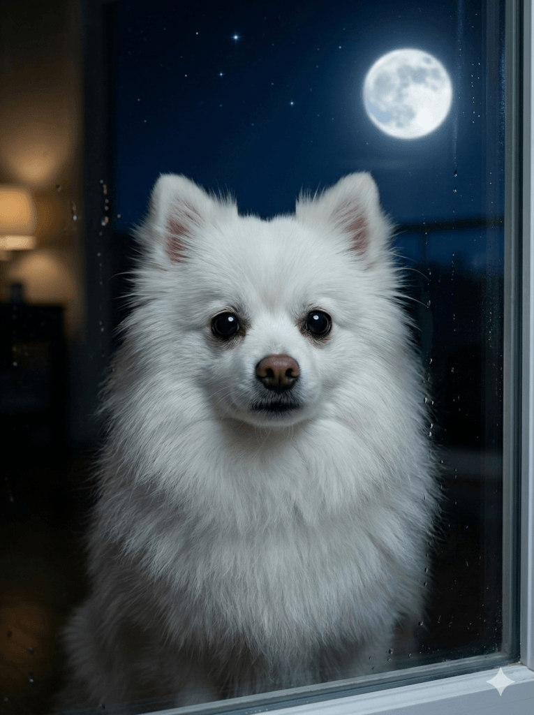 밤에 창가에서 달을 바라보는 포메라니안 강아지 포미의 모습, 강아지 하울링이 밤에 심해지는 행동을 설명하는 이미지