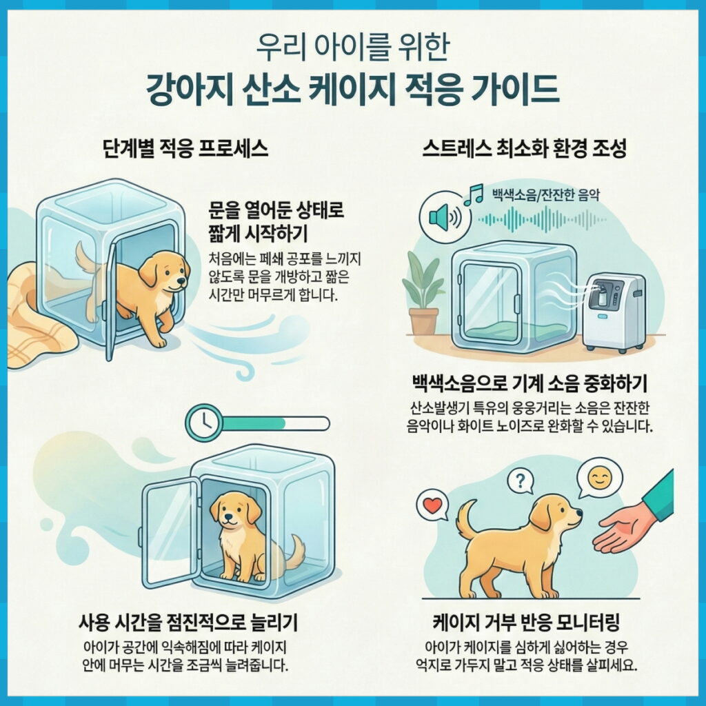 강아지 산소 케이지 적응 가이드 인포그래픽. 문을 열어둔 상태로 짧게 시작하기, 사용 시간을 점진적으로 늘리기 등 단계별 적응 프로세스와 백색소음으로 기계 소음을 중화하고 거부 반응을 모니터링하는 스트레스 최소화 환경 조성 방법을 설명하는 모습.