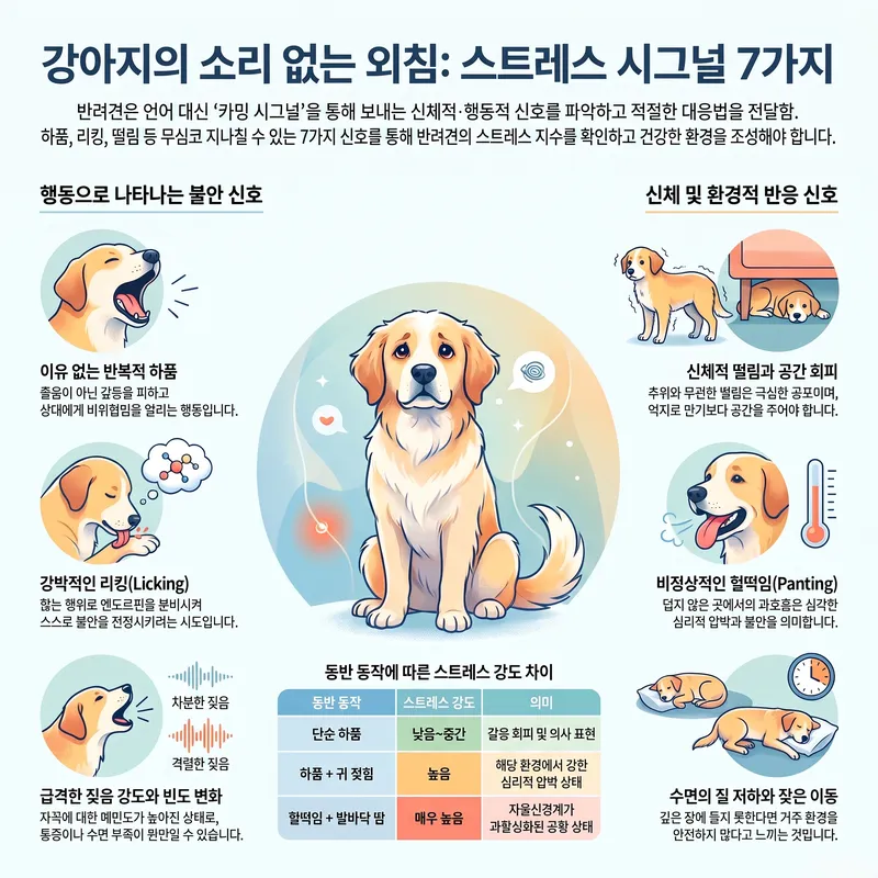 강아지 스트레스 시그널 7가지(이유 없는 하품·강박적 리킹·신체 떨림과 공간 회피·급격한 짖음 변화·비정상적 헐떡임·수면 질 저하)와 동반 동작별 스트레스 강도 비교표를 정리한 인포그래픽