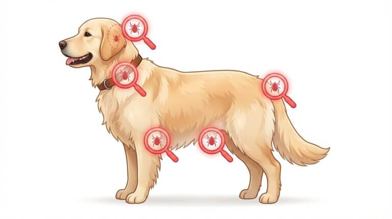 반려견 몸에서 진드기를 확인해야 하는 주요 부위를 표시한 체크 가이드 이미지