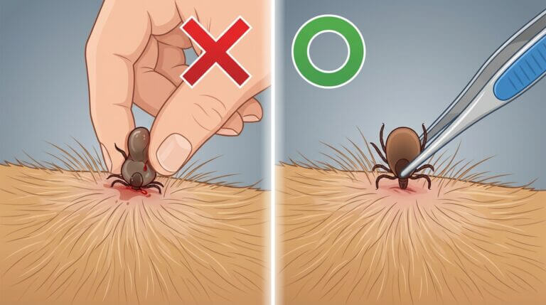 반려견 피부에 붙은 진드기를 손으로 제거하는 잘못된 방법과 전용 핀셋으로 제거하는 올바른 방법 비교 이미지