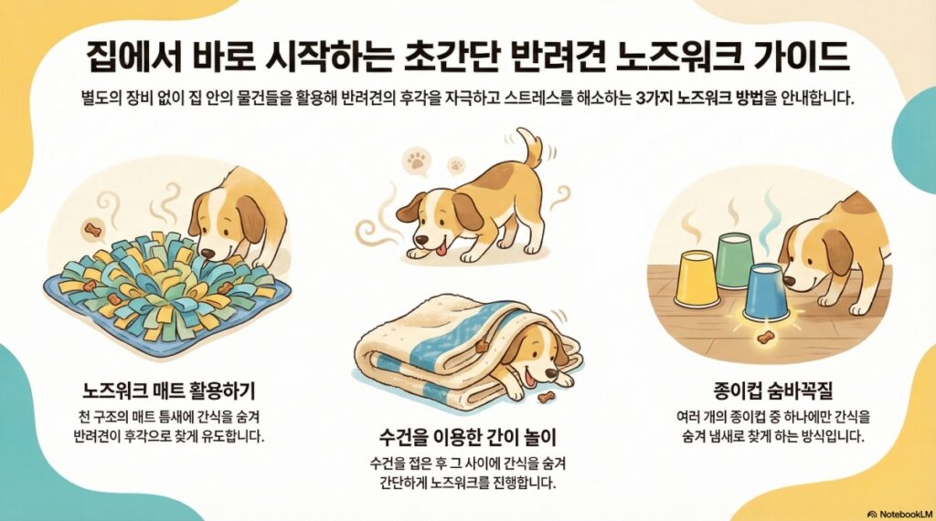 집에서 바로 시작할 수 있는 초간단 반려견 노즈워크 방법 3가지를 정리한 인포그래픽. 천 구조의 매트 틈새에 간식을 숨기는 노즈워크 매트 활용법, 수건 사이에 간식을 넣고 접는 수건 간이 놀이, 여러 개의 종이컵 중 하나에만 간식을 숨기는 종이컵 숨바꼭질 방법을 설명하는 모습.