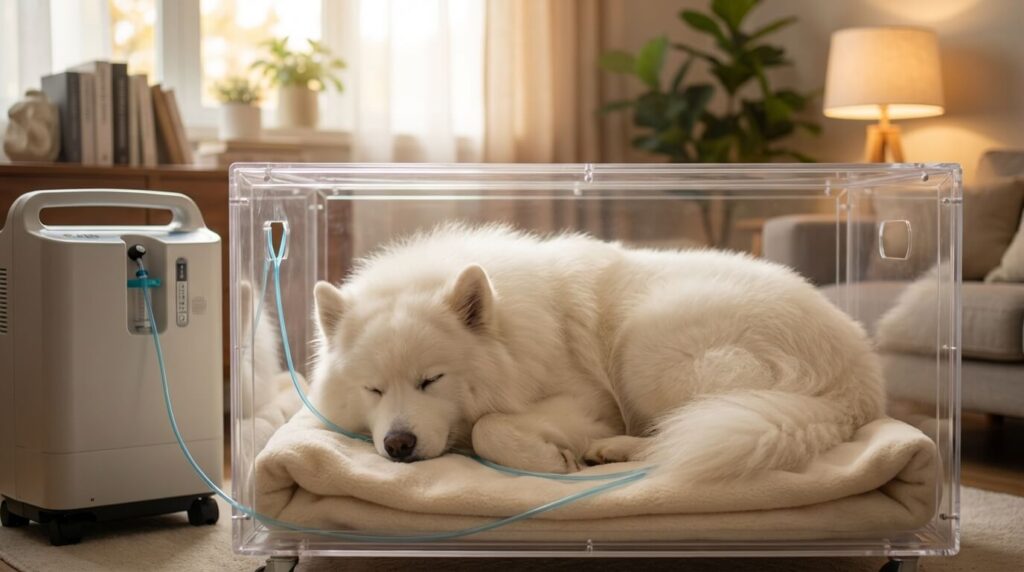투명 아크릴 산소방 내부에서 편안하게 쉬고 있는 하얀 개.