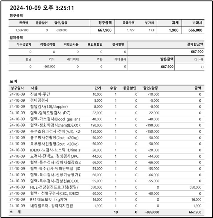 2024년 10월 9일, 성남 휴동물의료센터에서 결제한 폼피치 포미의 건강검진 세부 내역서. HUE 건강검진 정밀 프로그램 650,000원을 포함하여 총 667,900원이 결제된 영수증 화면.