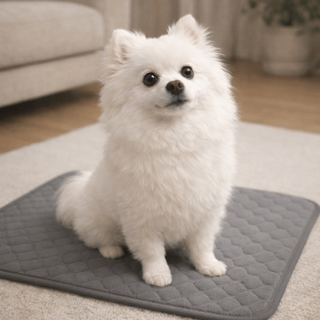 미끄럼 방지 매트 위에 앉아 있는 흰색 폼피치 포미의 모습, 강아지 슬개골 탈구 예방을 위한 실내 환경 조성 및 관절 관리 이미지