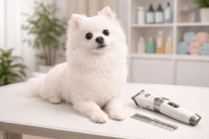 이중모 강아지 폼피치가 미용 테이블 위에서 털 관리 도구와 함께 앉아 있는 모습