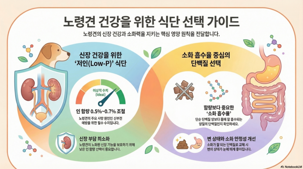 노령견 신장 건강을 위한 저인 식단 및 소화 흡수율 중심의 단백질 선택 가이드 인포그래픽