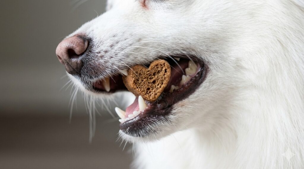 하얀 털의 노령견이 치아와 잇몸에 무리가 가지 않는 갈색 하트 모양의 부드러운 기능성 간식을 입에 물고 있는 상세 모습