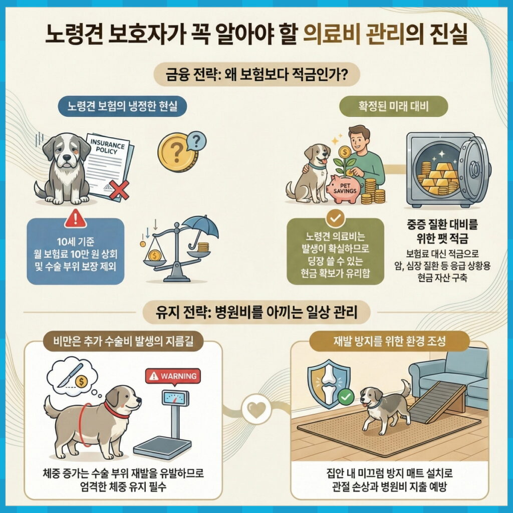 노령견 보호자가 알아야 할 의료비 관리의 진실 인포그래픽 - 왜 보험보다 적금이 유리한지, 비만 방지와 환경 조성(미끄럼 방지 매트)을 통한 병원비 절감 전략 요약