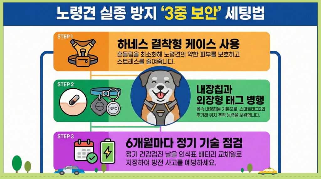 노령견 실종 방지를 위한 3중 보안 세팅법 인포그래픽. STEP 1 하네스 결착형 케이스 사용, STEP 2 내장칩과 외장형 태그 병행, STEP 3 6개월마다 정기 기술 점검 내용을 포함한 가이드 이미지.