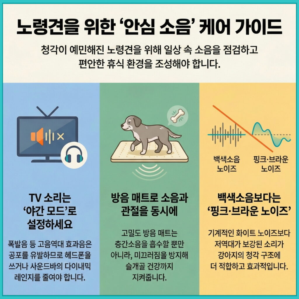청각이 예민한 노령견을 위한 안심 소음 케어 가이드 인포그래픽. TV 소리를 야간 모드나 다이내믹 레인지 조절로 낮추기, 소음 흡수와 슬개골 보호를 위한 고밀도 방음 매트 활용, 기계적인 백색소음보다 저역대가 보강된 핑크·브라운 노이즈 사용이 강아지 청각 구조에 더 효과적임을 설명하는 모습.