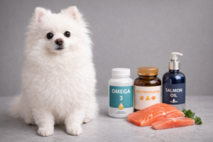 10살 노령견 폼피치 강아지 포미와 오메가3, 종합비타민, 연어오일 등 영양제가 함께 놓여 있는 모습