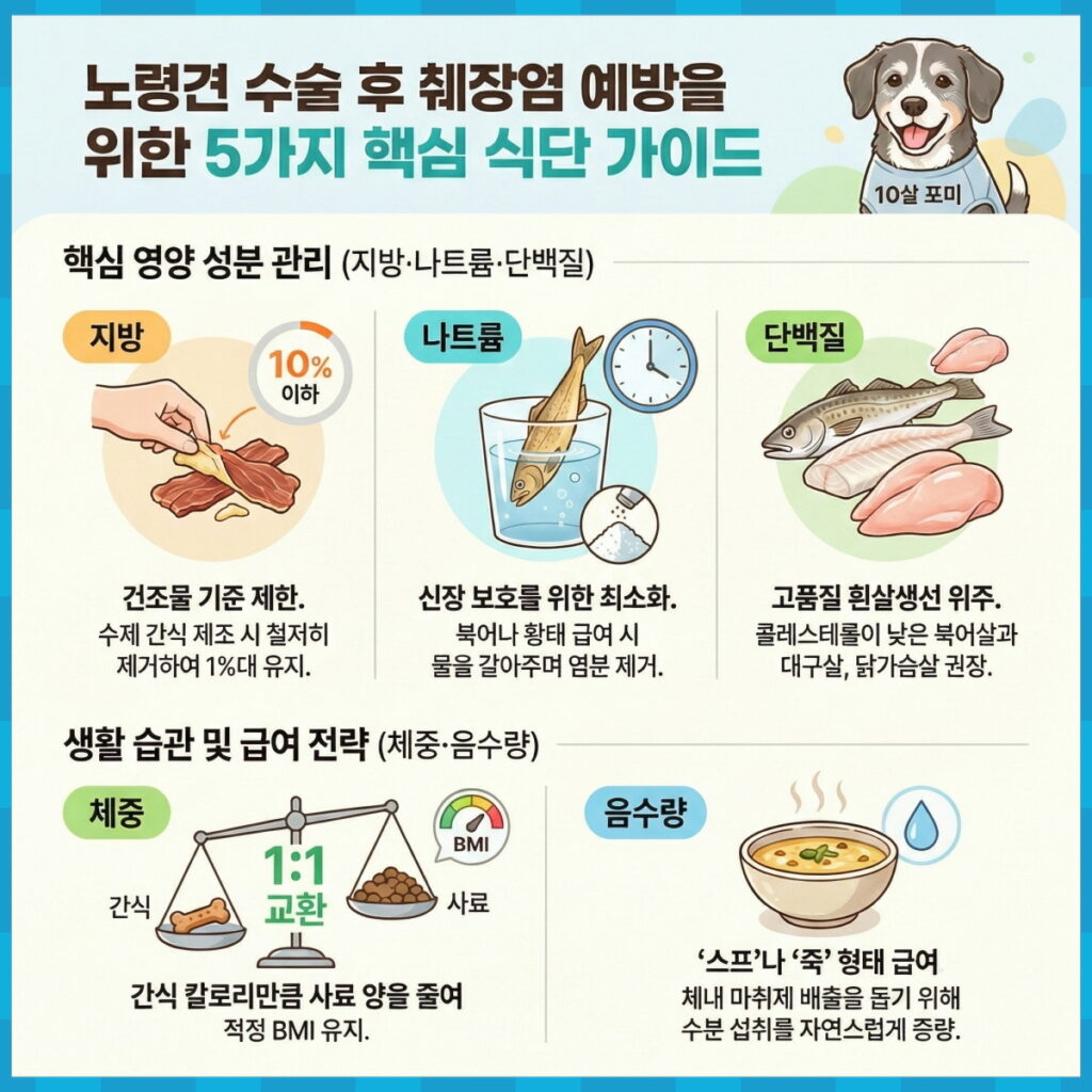 10살 포미를 위한 노령견 수술 후 췌장염 예방 식단 가이드 인포그래픽. 핵심 성분(지방 10% 미만, 무염 북어, 고품질 단백질) 및 생활 습관(1:1 체중 교환, 스프 급여) 5가지 핵심 전략 요약.
