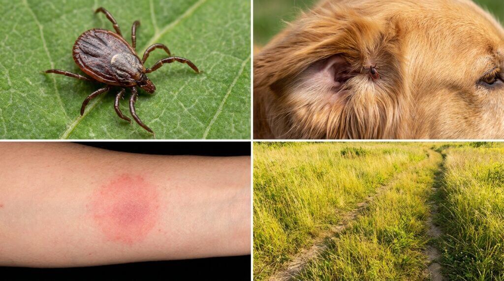 진드기와 반려견 귀 주변에 붙은 진드기, 사람 피부 발진, 풀숲 산책길을 보여주는 SFTS 감염 위험 안내 이미지