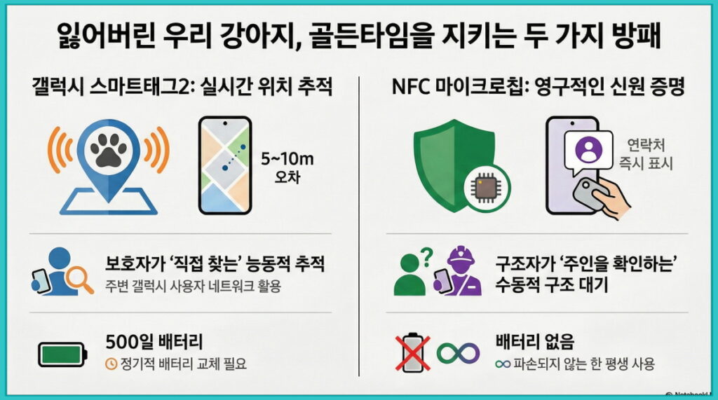 강아지 인식표 추천 GPS NFC 비교: 잃어버린 강아지의 골든타임을 지키는 두 가지 방패 비교 인포그래픽. 갤럭시 스마트태그2의 실시간 위치 추적 기능과 NFC 마이크로칩의 특징을 대조한 이미지.