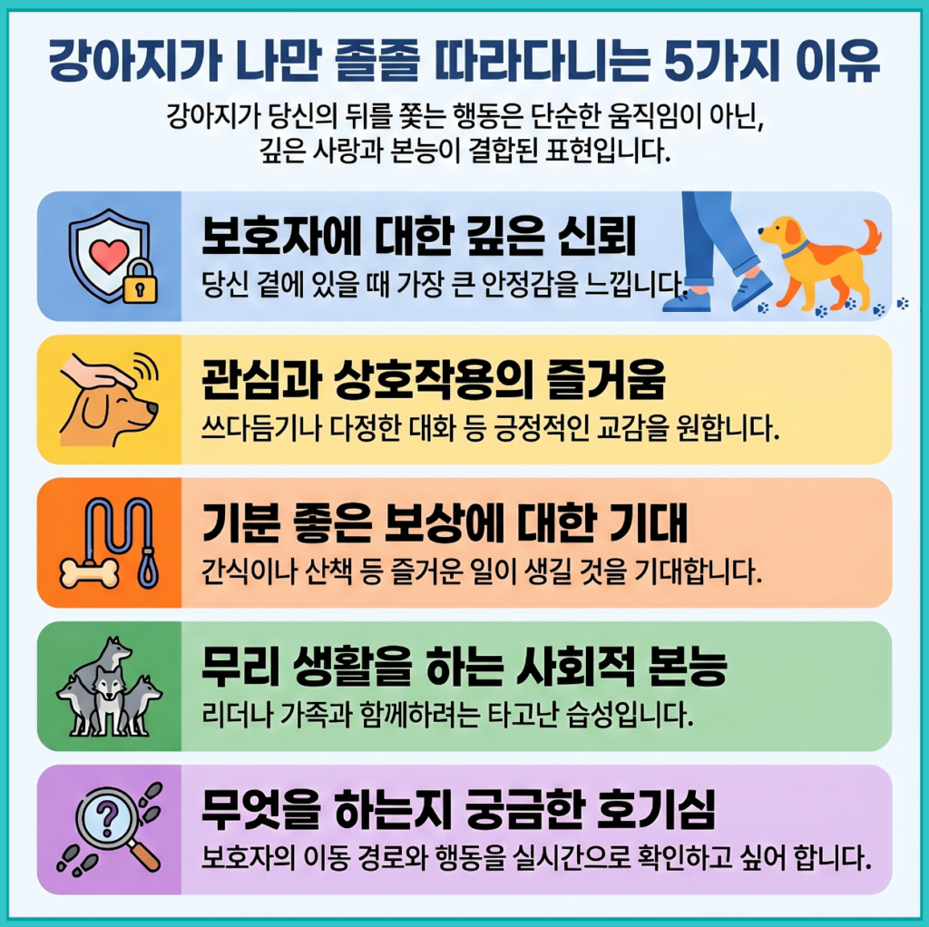 강아지가 보호자를 따라다니는 이유 5가지 요약: 신뢰, 상호작용, 보상 기대, 사회적 본능, 호기심