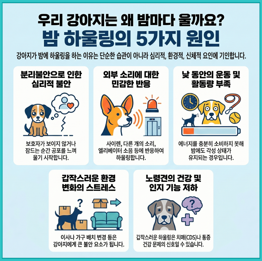 강아지가 밤마다 하울링하는 이유 5가지 설명 이미지, 분리불안 외부 소리 운동 부족 환경 변화 노령견 건강 문제