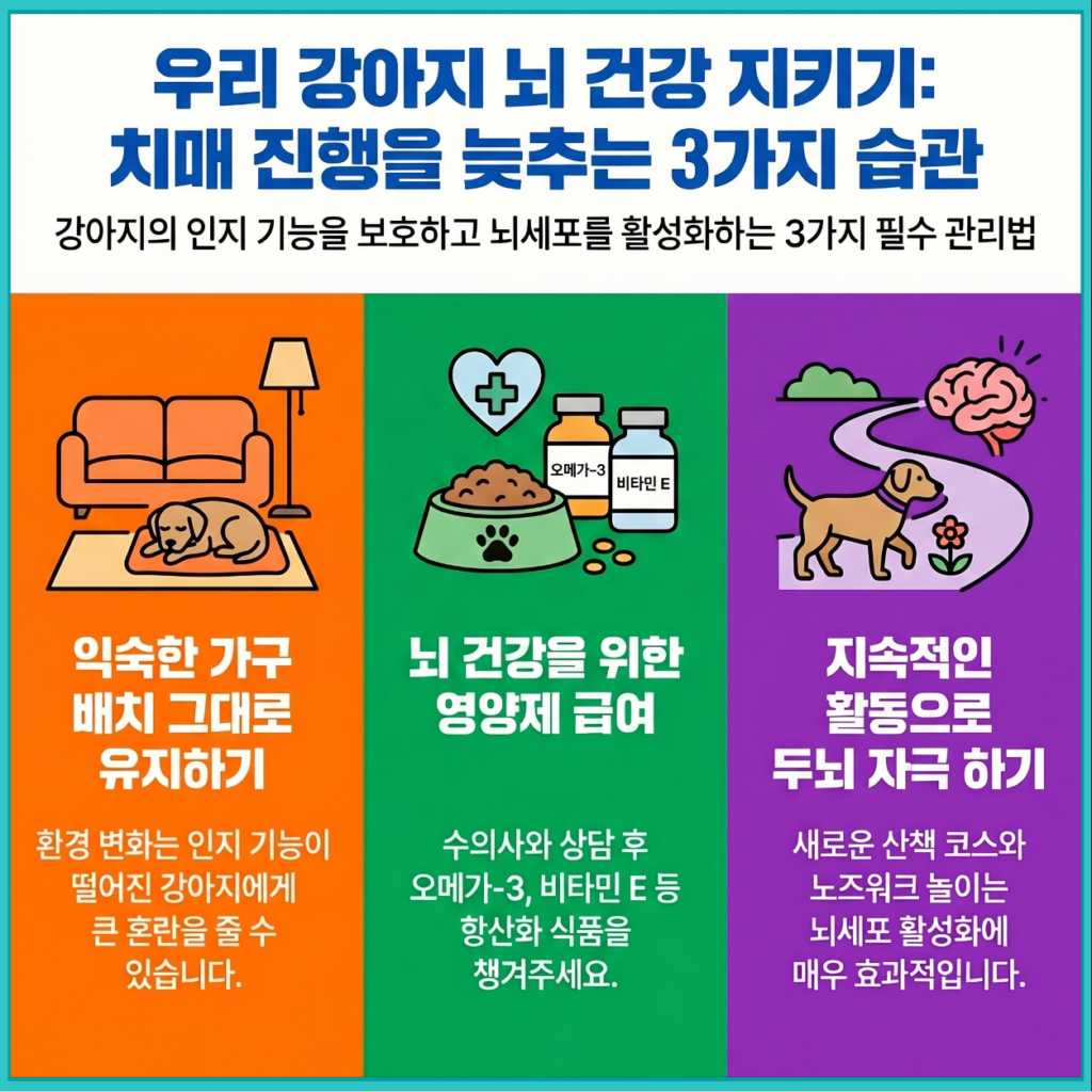 강아지 치매 증상 진행을 늦추는 3가지 관리 습관: 익숙한 환경 유지, 영양제 급여, 두뇌 자극 활동