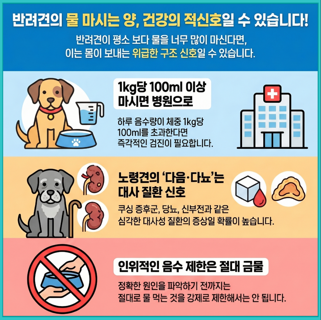 강아지 물 많이 마시는 이유와 위험 신호, 1kg당 100ml 이상 음수 시 병원 방문 필요성을 설명한 인포그래픽