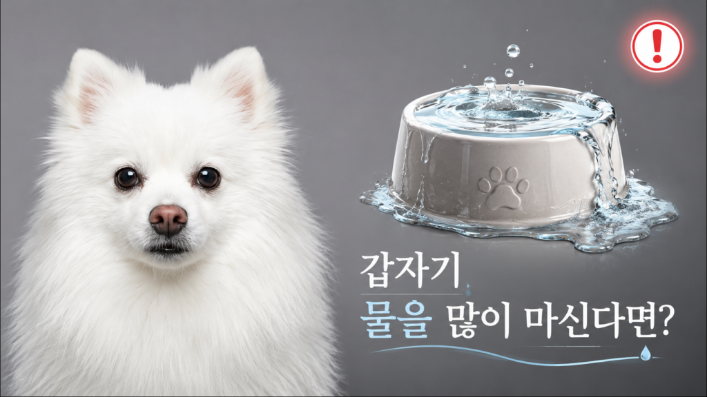 강아지 물 많이 마시는 이유 — 물그릇 옆에 앉아 있는 흰 폼피치와 '갑자기 물을 많이 마신다면?'