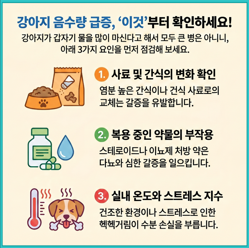 강아지 물 많이 마시는 이유 중 사료 변화, 약물 부작용, 실내 온도와 스트레스 등 초기 원인을 설명한 인포그래픽