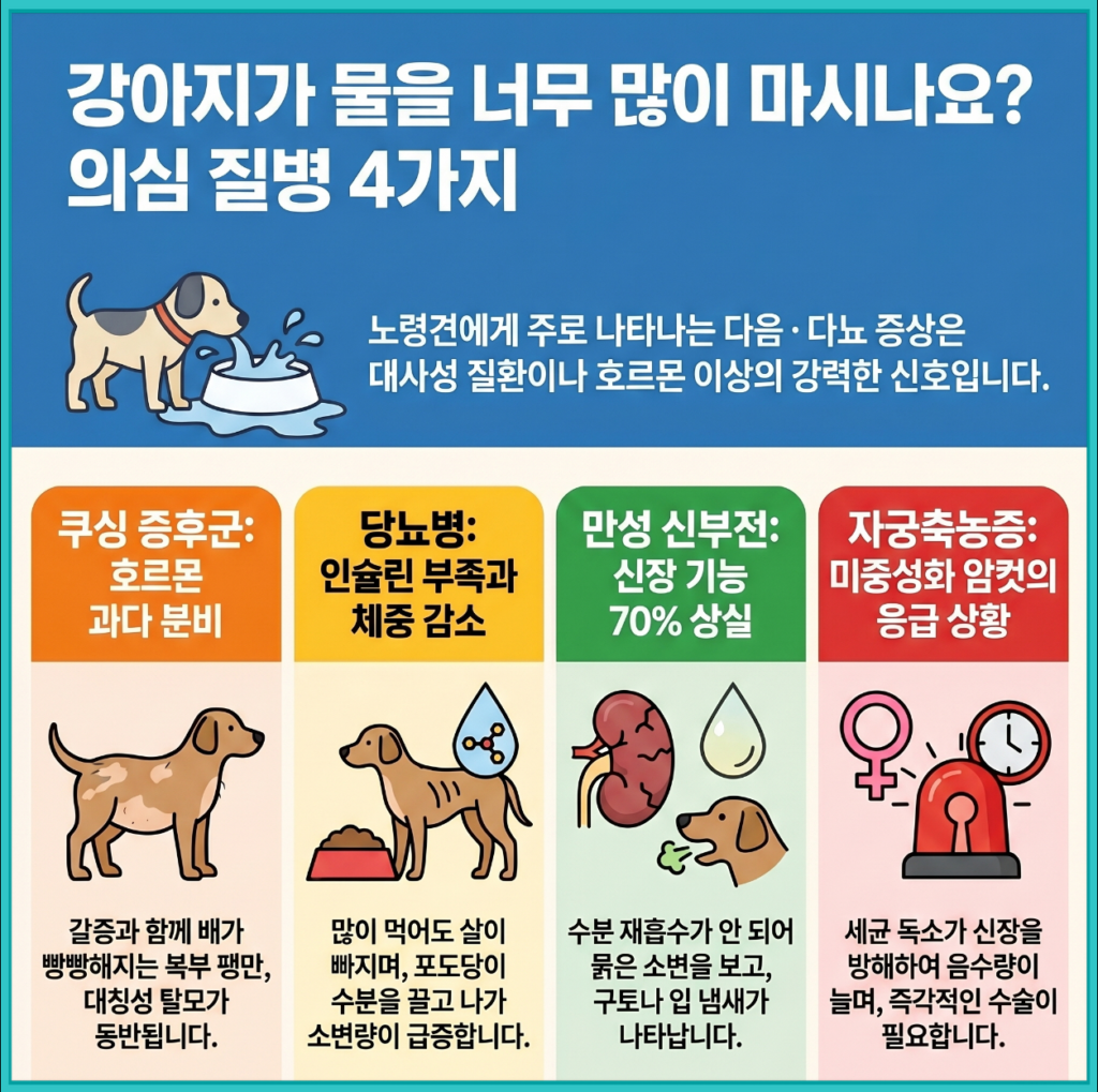 강아지 물 많이 마시는 이유와 관련된 쿠싱증후군, 당뇨, 신부전, 자궁축농증 4가지 질병을 설명한 인포그래픽