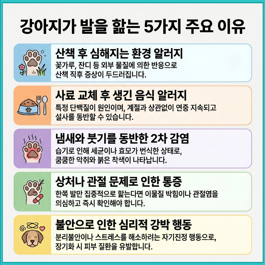 강아지가 발을 계속 핥는 이유를 설명한 이미지, 알레르기 피부염 통증 스트레스 등 5가지 원인 정리