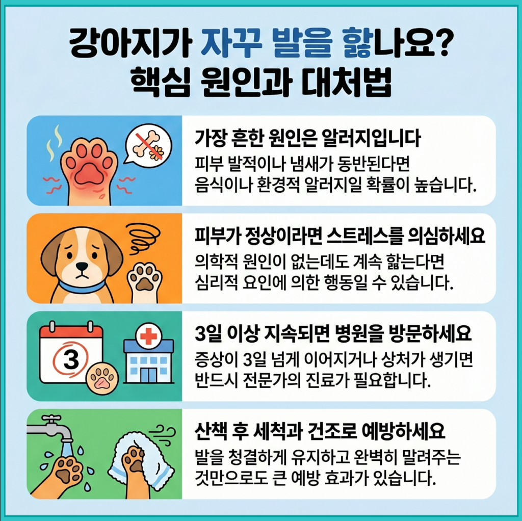 강아지 발 핥는 이유와 해결 방법을 설명한 이미지로 알레르기, 스트레스, 병원 방문 기준과 예방 방법을 정리한 인포그래픽