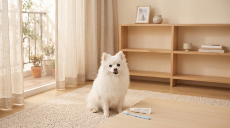 강아지 구강 관리를 위해 칫솔 앞에 앉아 있는 흰색 폼피치