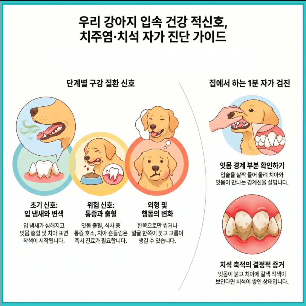 강아지 치주염·치석 자가 진단 가이드 인포그래픽 — 입 냄새·변색, 통증·출혈, 행동 변화, 집에서 하는 1분 자가 검진
