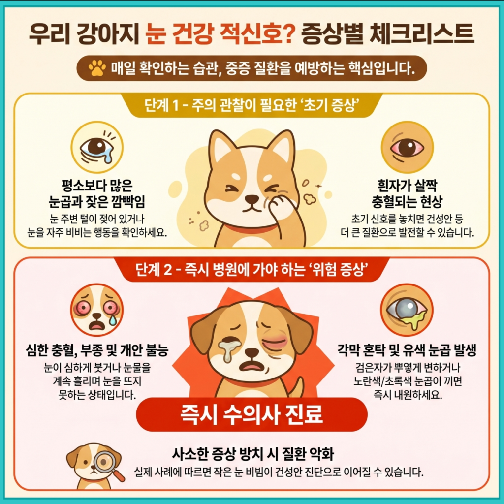 강아지 눈 건강 증상별 체크리스트 인포그래픽 — 초기 증상 눈곱·충혈, 위험 증상 심한 충혈·각막 혼탁·유색 눈곱