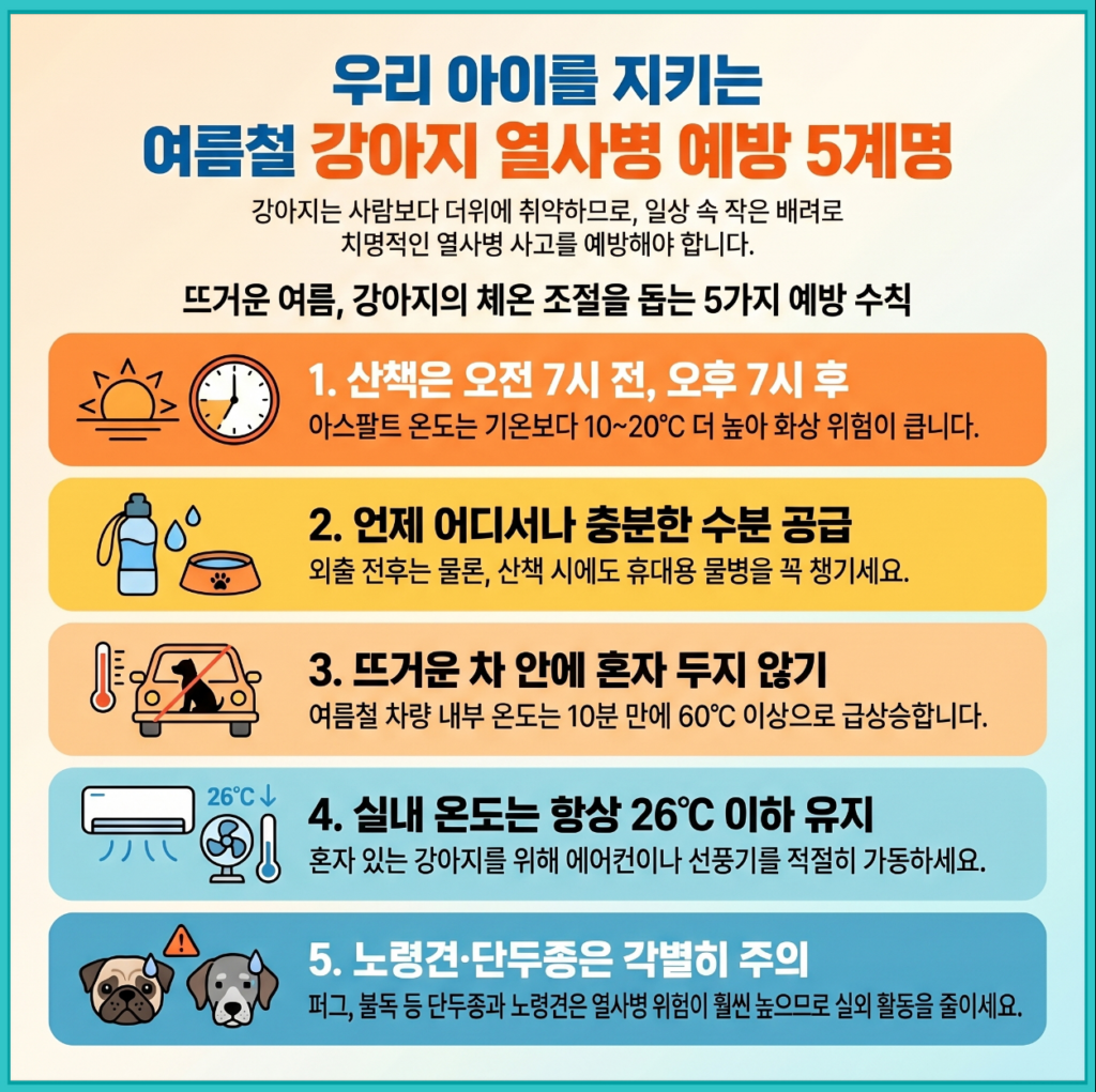 여름철 강아지 열사병 예방 5계명 — 산책 시간, 수분 공급, 차량, 실내 온도 26도, 노령견·단두종 주의