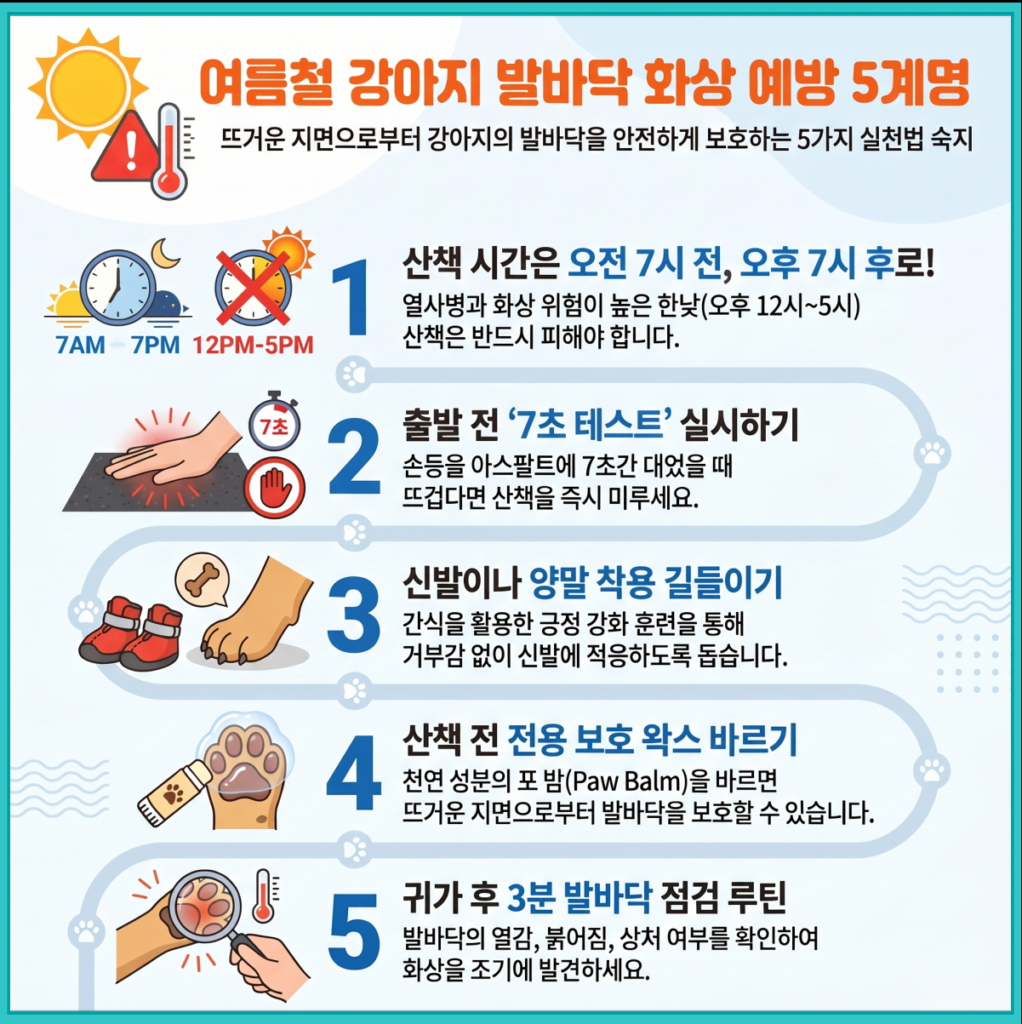 여름철 강아지 발바닥 화상 예방 5계명 인포그래픽 — 산책 시간, 7초 테스트, 신발 착용, 보호 왁스, 귀가 후 점검