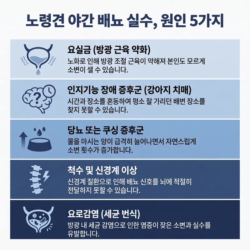 노령견 야간 배뇨 실수 원인 5가지 — 요실금, 인지기능 장애 증후군, 당뇨·쿠싱 증후군, 척수 및 신경계 이상, 요로감염