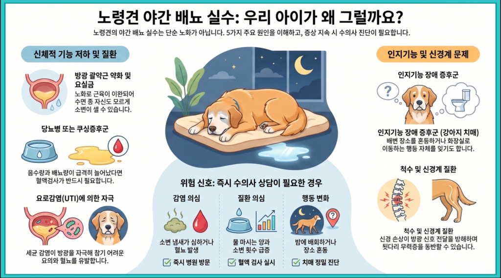 노령견 야간 배뇨 실수 원인을 신체적 기능 저하(요실금·당뇨·요로감염)와 인지기능·신경계 문제(치매·척수 질환)로 분류한 인포그래픽. 혈뇨·음수량 급증·야간 배회 등 위험 신호도 정리되어 있습니다.