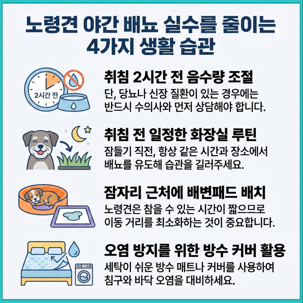 노령견 야간 배뇨 실수를 줄이는 4가지 생활 습관 — 음수량 조절, 화장실 루틴, 배변패드 배치, 방수 커버
캡션: