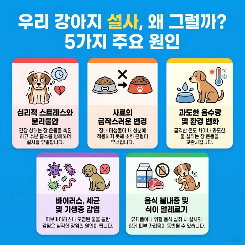 강아지 설사 5가지 원인 인포그래픽 — 스트레스·사료 변경·음수량·감염·음식 불내증