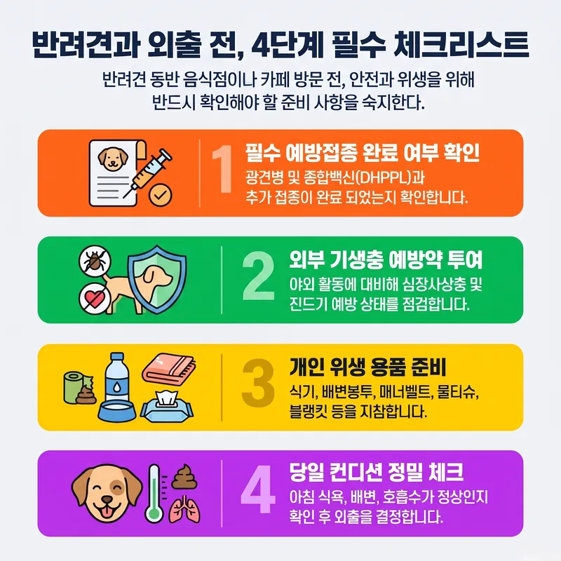 강아지 펫 카페 외출 전 4단계 필수 체크리스트 — 예방접종·기생충 예방·위생 용품·당일 컨디션 확인