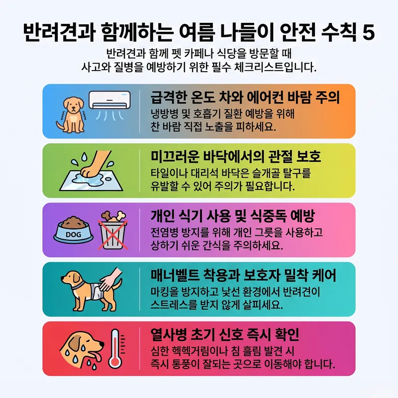 반려견과 함께하는 여름 나들이 안전 수칙 5가지 — 온도 차·바닥·식기·매너벨트·열사병 초기 신호